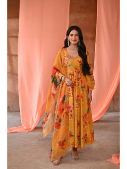 Mahee Jaipur - Kashida Muslin Organza Floral Anarkali Kurta with Pant and Dupatta (Set of 3)