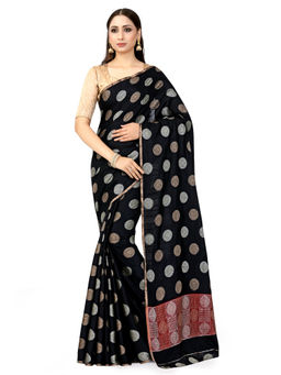Mimosa - Black Kanjivaram Style Raw Silk Saree With Unstitched Blouse