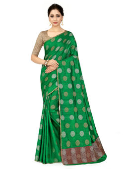 Mimosa - Green Kanjivaram Style Raw Silk Saree With Unstitched Blouse
