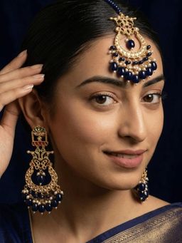 Niscka - Blue Beaded Kundan Gold Plated Earrings & Maang Tikka Set