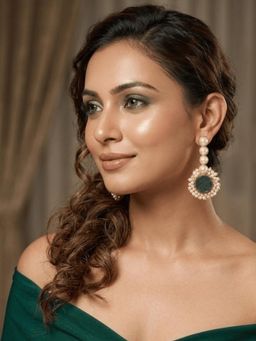 Niscka - Green Druzy Stone Studded Gold Plated Pearl Earrings