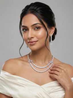 Niscka - Silver Rhodium Plated American Diamond Double Layer Necklace Set