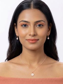 Niscka - Charming Gold Plated Pink Flower Pendant Necklace with Earrings (Set of 2)