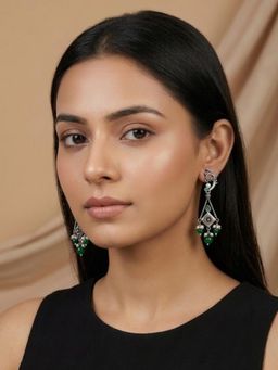 Niscka - Silver Oxidized Earrings with Green and Pearl Beads
