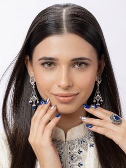 Niscka - Antique Oxidized Blue Beaded Dangler Earrings