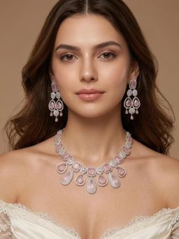 Niscka - Silver Rhodium American Diamond and Mauve Pink Stones Necklace with Earrings