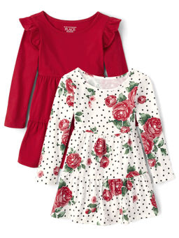 The Children's Place - Girls Red Plain and White Floral Dress (Pack of 2)