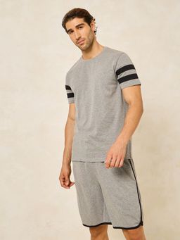 Styli - Grey Stripes Cotton Regular T-Shirt and Shorts