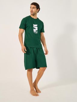 Styli - Green Printed Cotton Relaxed T-Shirt and Shorts