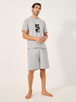 Styli - Grey Printed Cotton Relaxed T-Shirt and Shorts