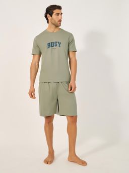 Styli - Khaki Printed Cotton Regular T-Shirt and Shorts