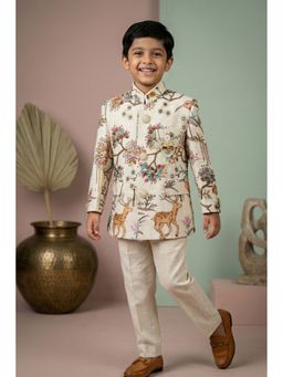 Lagorii - Cream Printed Jodhpuri Embroidered Bandhgala Coat and Pant