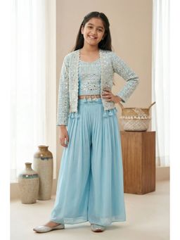 Lagorii - Blue Embroidered Crop Top and Palazzo With Mirror Work Jacket