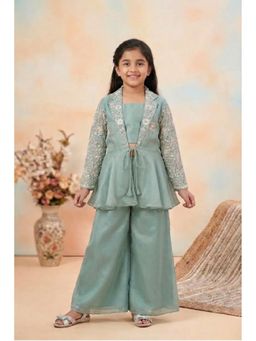 Lagorii - Mint Green Embroidered Crop Top and Palazzo With Sheer Jacket