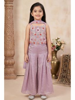 Lagorii - Lavender Embroidered Crop Top and Palazzo With Dupatta