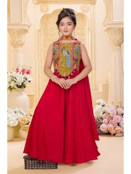 Lagorii - Red Embroidered Top and Palazzo With Dupatta