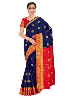 Mimosa - Navy Blue Mysore Silk Style Crepe Saree With Unstitched Blouse