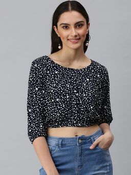 SHOWOFF - Women Round Neck Three Fourth Sleeves Polka Dot Navy Blue Crop Top