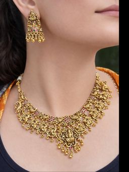 Prestones - Antique Finish Floral Motif Red Necklace with Earrings