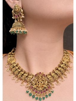 Prestones - Antique Peacock Motif Pink Necklace with Earrings