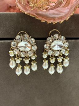 Prestones - Polki Pearl Chand Studs White Earrings