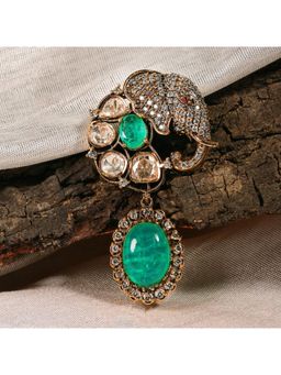 Prestones - Elephant Motif Polki Green Brooch