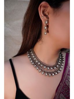 Prestones - Layered Teardrop Polki White Necklace with Earrings