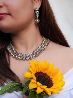 Prestones - Two Row Polki and Zircon White Necklace with Earrings