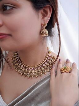 Prestones - Rajyalakshmi Temple Rani Haar Red Necklace with Earrings