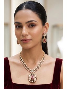 Prestones - Red Polki Floral White Necklace with Earrings