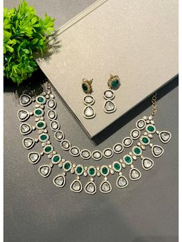 Prestones - Green Stone Polki Zircon Necklace with Earrings