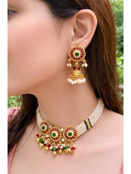 Prestones - Gold Finish Pearl Green Necklace with Earrings