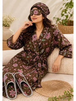 House of Gulab - Handblock Print Cotton Robe Gift Set with Sleep Mask, Slippers and Headband