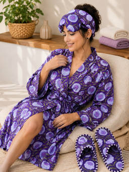House of Gulab - Handblock Print Cotton Robe Gift Set with Sleep Mask, Slippers and Headband