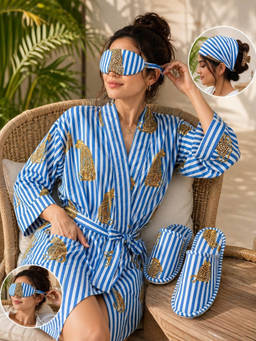 House of Gulab - Handblock Print Cotton Robe Gift Set with Sleep Mask, Slippers and Headband