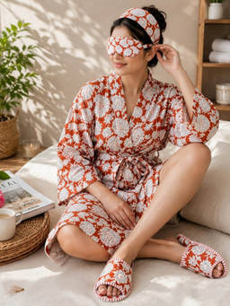 House of Gulab - Handblock Print Cotton Robe Gift Set with Sleep Mask, Slippers and Headband