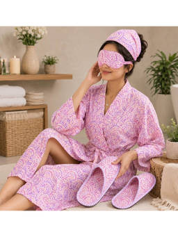 House of Gulab - Handblock Print Cotton Robe Gift Set with Sleep Mask, Slippers and Headband
