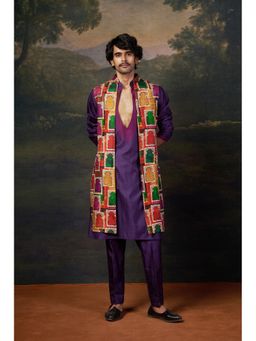 THETAA - Men Purple Hand-Embroidered Kurta with Pyjama and Jacket