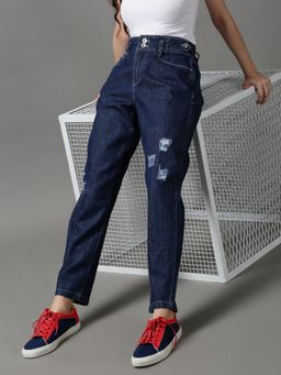 SHOWOFF - Womens Mildly Distressed Mom Fit Navy Blue Denim Jeans