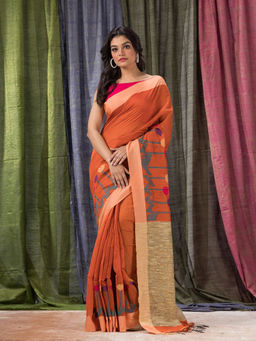 Angoshobha - Orange Cotton Blended Traditional Jamdani Saree with Unstitched Blouse