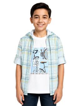 CAVIO - Boys Blue Checks Full Sleeves Hooded Shirt with T-Shirt