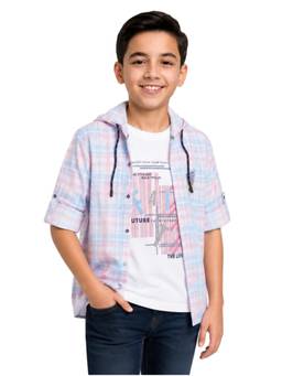 CAVIO - Boys Multi-Color Cotton Checks Hooded Shirt and T-Shirt