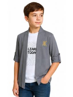 CAVIO - Boys Grey Solid Full Sleeves Jacket & Printed T-Shirt