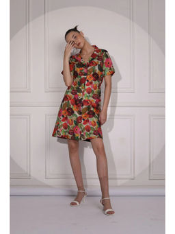 Ruhm - Blue Printed Dress with Motifs and Long Sleeves