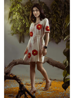 Ruhm - Natural Elegance: Pure Cotton Silk Belted Dress