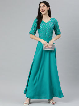 Vinya - Turquoise Embroidered Yoke Fit & Flare Dress
