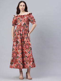 Vinya - White and Pink Floral Fit & Flare Off Shoulder Dress