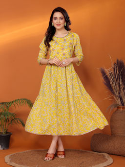 Rangita - Women Yellow Cotton Embroidered Tiered Flared Calf Length Dress