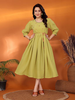 Rangita - Women Lime Green Viscose Blend Embroidered Flare Dress with Dori Belt