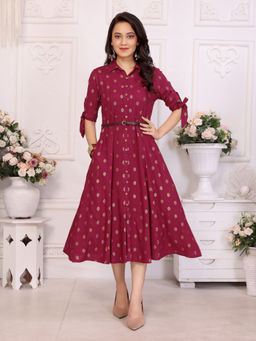 Rangita - Women Maroon Rayon Printed Shirt Collar Calf Length Dress with Belt